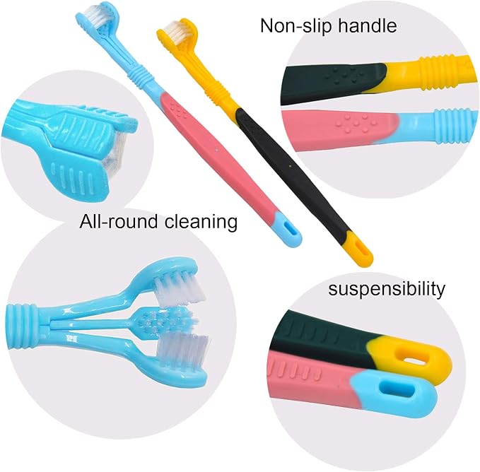 Dog Toothbrushs, 2pcs Blue Yellow, Suitable for Adult Dogs, Three Sided Design for Easy Teeth Cleaning