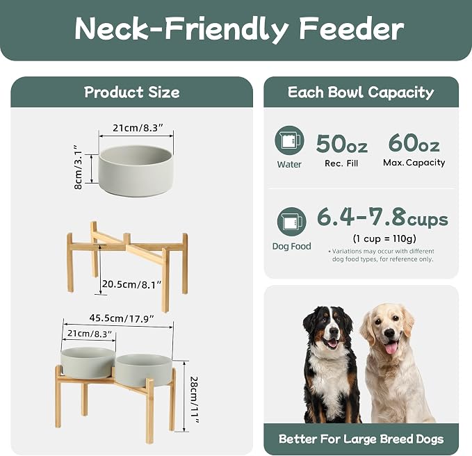 Havniva 8.3” Dog Bowls Elevated Ceramic Dog Food and Water Bowl Set, Double Raised Dog Water Bowl with Stand Non-Slip Rubber Base Large Capacity Feeding Pet Food Bowl for Large Dogs