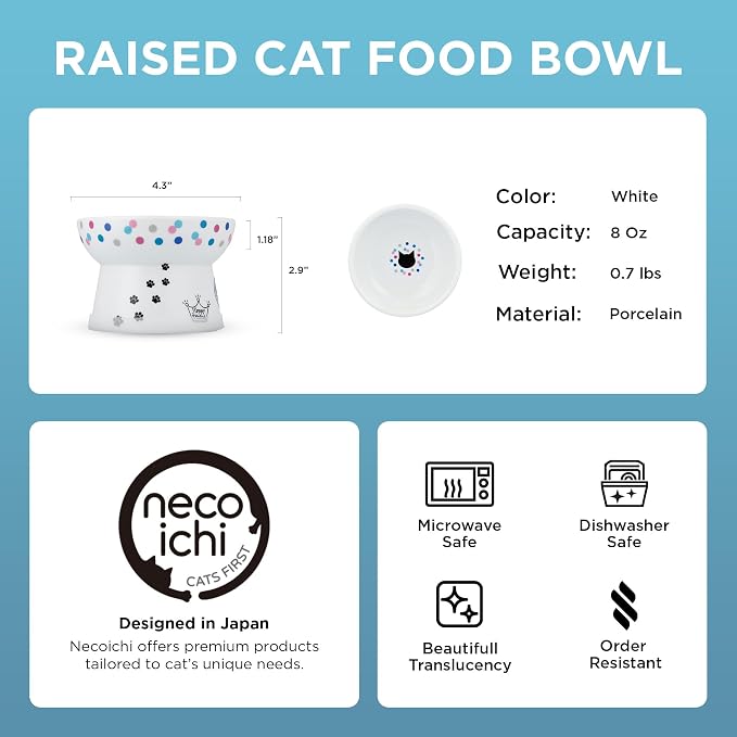 Necoichi Raised Cat Food Bowl – Ceramic Elevated Cat Bowl for Whisker & Neck Fatigue, Dishwasher Microwave Safe – Non-Slip & Anti Vomiting Ergonomic Design (Colorful Dots, Regular, 1 Cup Capacity)
