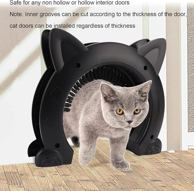 Cat Door Interior Door with Grooming Brush,Cat Brush for Long or Semi Short Haired for Shedding Removing Loose Fur and Massage (Black)