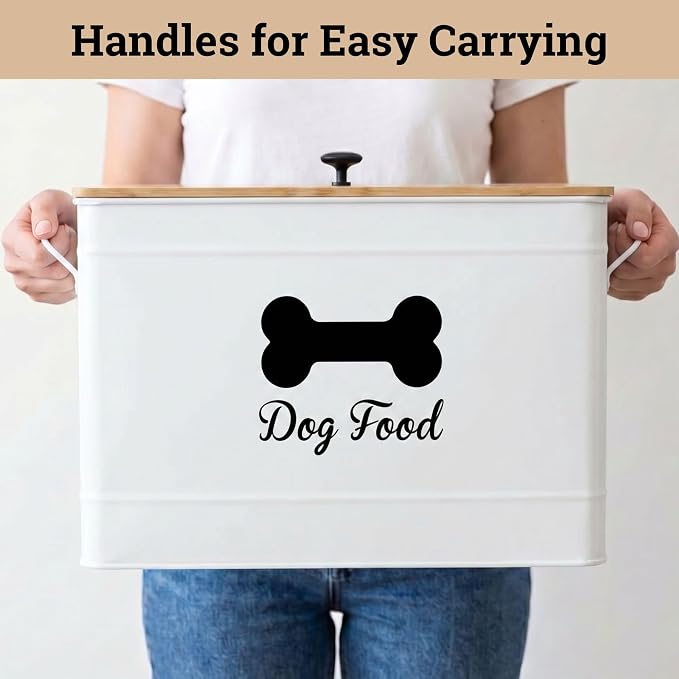 Metal Dog Food Container 15-20 lbs w/ Airtight Bamboo Lid, 20 lbs, Bamboo, White