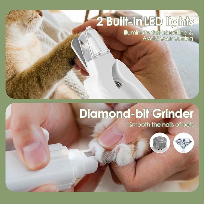 2-in-1 Cat & Dog Nail Clippers & Grinder with 2 LED Lights, White