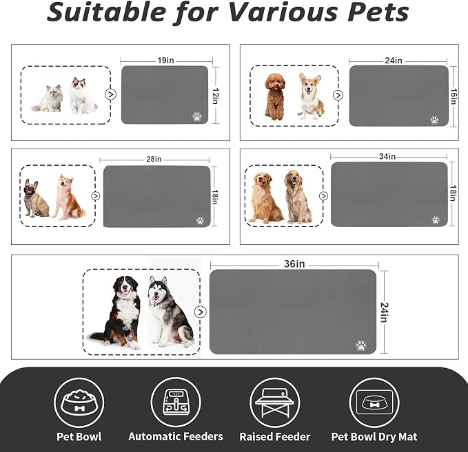 HotLive Dog Food Mat - Absorbent Cat Mat for Food and Water, No Stains Pet Feeding Bowl Mat, Easy to Clean Pet Placemats, Quick Dry Dog Water Dispenser Mat for Messy Drinkers | Paw Dark Grey 12"x 19"