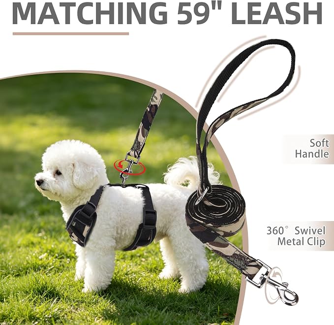 PUPTECK Soft Mesh Small Dog Harness and Leash Set Pet Puppy Cat Adjustable Reflective Padded Vest No Pull Harnesses, Camouflage, S