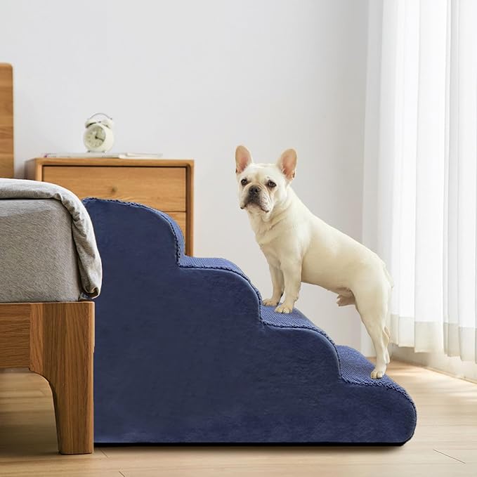 PAWSCRAT Pet Stairs for Dogs 4-Step, 19.6" H Pet Stairs for High Bed, Couch Sofa & Chair, 30D Material Soft Foam Dog Steps with Non-Slip Bottom Surface Removable Washable Cover, Blue