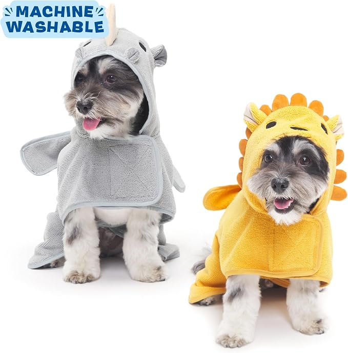 BARKBOX Dog Bathrobe - 2 Pack - for Dogs - Small | Bundle - Fast Drying, Microfiber Bath Towel - Hook & Loop Closure and Wrap Tie - Machine Washable - Lion & Rhino