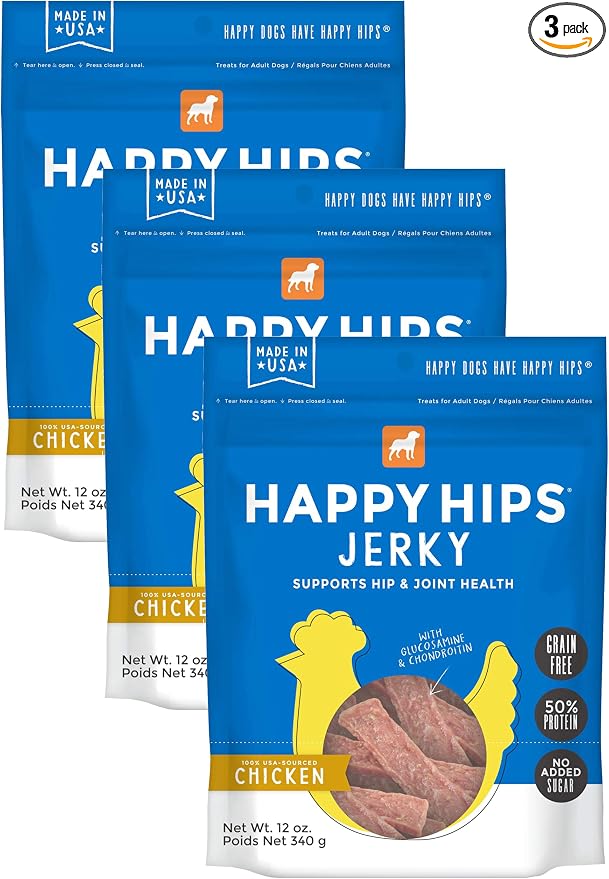 Happy Hips Jerky Dog Treats, Chicken, 12 oz. Pouch (Pack of 3)
