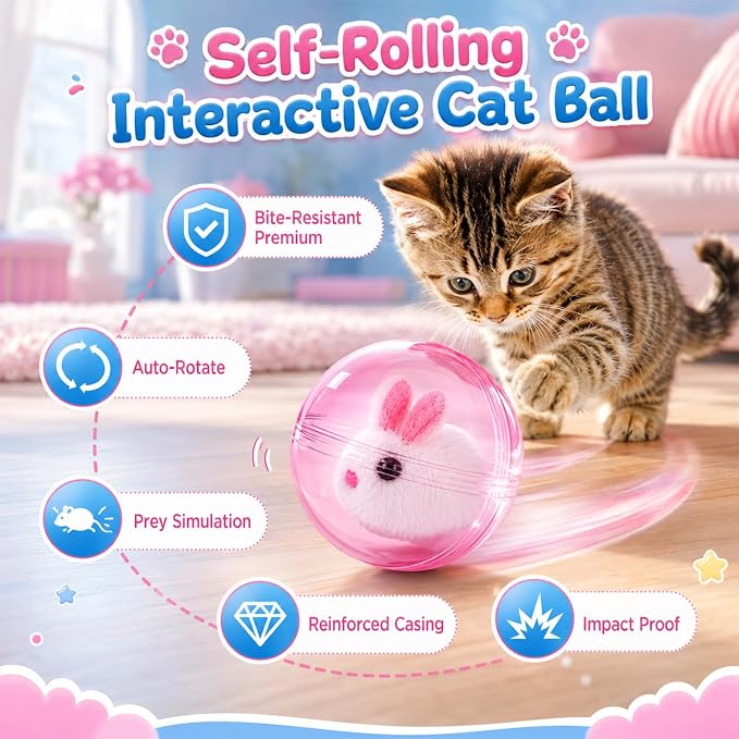 360° Self-Rolling Interactive Cat Toy Ball (Pink, Rabbit) | Automatic Rolling Pet Toy, Pet Fun Indoor Motion Activated Exercise Toys for Cats Dogs