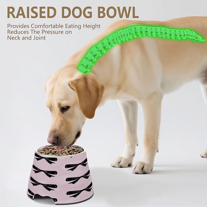 Blueangle Elevated Dog Bowls with Stainless Steel - Non-Slip 2.3 Cup High Capacity Pet Dish for Spinal Health & Black Bows Design（282）