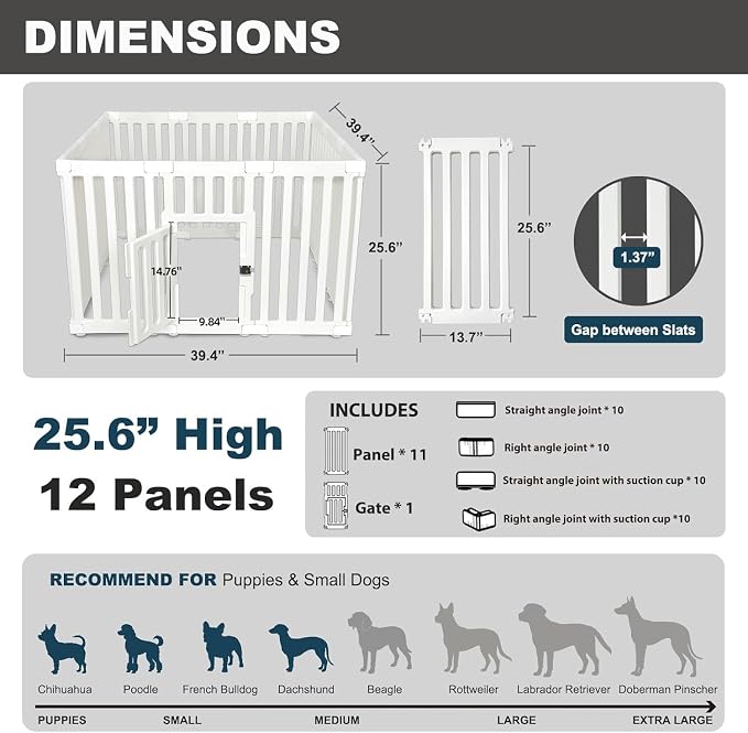 Dog Playpen with Locking Door - 12 Panels Indoor Puppy Play Pen & Pet Fence, 25.6 Inch Height Portable Playpen for Small Medium Dogs & Cats, Easy Set Up, Durable Plastic, White