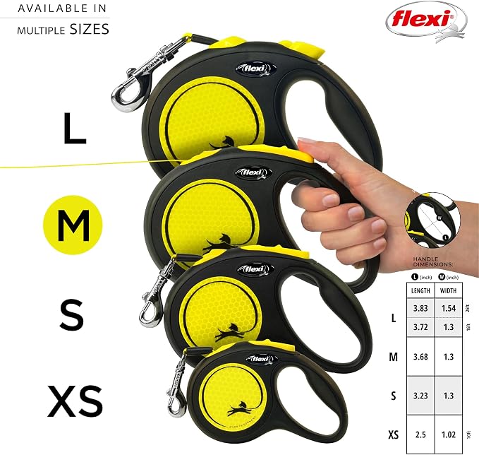 FLEXI® Neon Tape Retractable Dog Leash, Medium, 16 ft - Neon Yellow/Black | German engineered, original flexi leash, durable quality for dogs up to 55 lbs, tangle-free, walking, reliable brake system