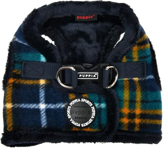 Puppia Norman Vest Dog Harness Step-in Warm Winter Checkered Pattern for Small and Medium Dog, Navy, Large