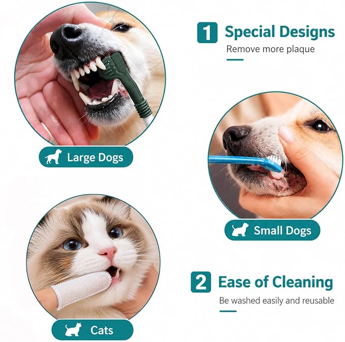 15-Pack Dog Toothbrush Kit, Triple Head & Double Head Dog Toothbrush, 360 Finger SiliconeToothbrush, Multi-Angle Dental Cleaning Brushes for Cat Oral Health (White)