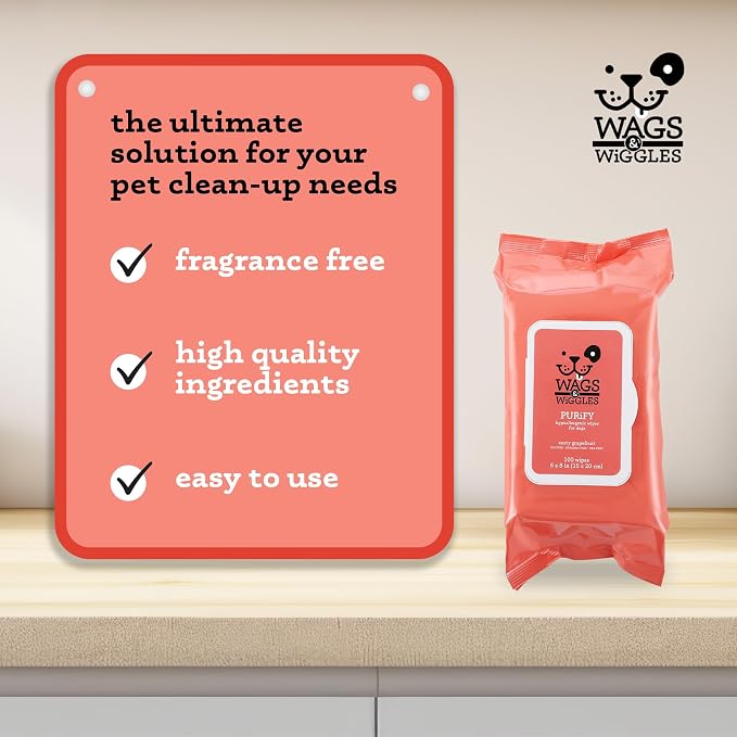Wags & Wiggles Purify Hypoallergenic Grooming Wipes, Grapefruit, 100 Count