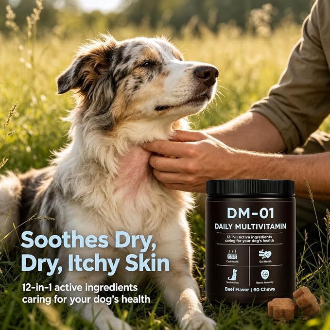 DM-01 Dog Multivitamin Chews, Daily Supplement with Salmon Oil, Chondroitin & Folic Acid, Promotes Skin & Coat Health, Digestive Aid & Immune Support, 60 Soft Chews