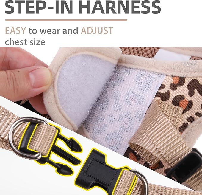 PUPTECK Dog Harness and Leash Set for Small Medium Dogs No Pull Step-in Soft Mesh Puppy Cat Vest Harnesses Reflective at Night, Brown Leopard Print, M