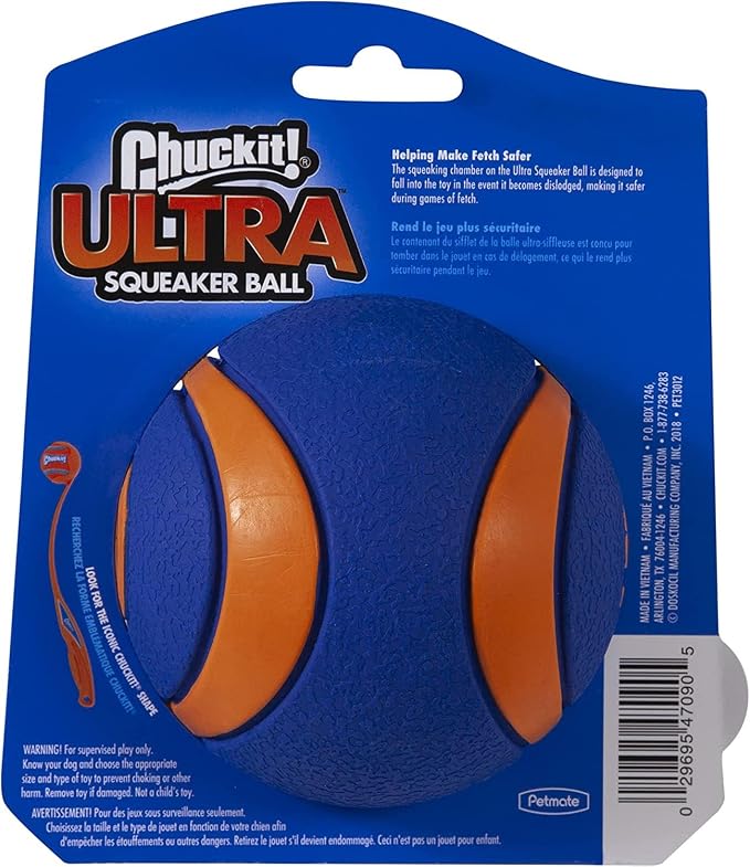 Chuckit! Ultra Squeaker Dog Ball - Extra Large Bouncy and Squeaky Pet Toy for Dogs 100+ lbs - Floats on Water - Durable Rubber - 3.5" Diameter - Size XL (Pack of 12)