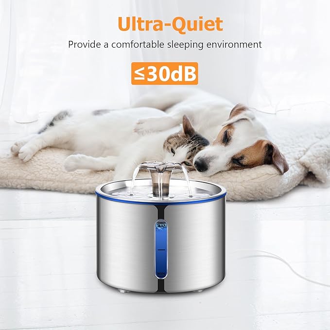 BOORCA Cat Water Fountain, 84oz/2.5L Stainless Steel Pet Water Fountain for Cats, Dogs and Multiple Pets, Automatic Dog Water Dispenser with Water Level Window, Ultra-Quiet Pump