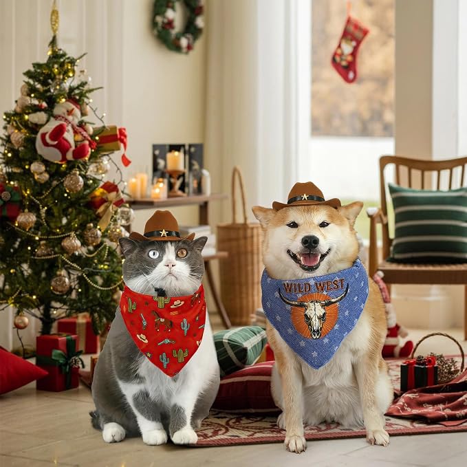 HOWWFALY Pet Cowboy Costume Set Dog Halloween Costumes Cat Cowboy Hat & Bandana Scarf, Medium, Small, Red