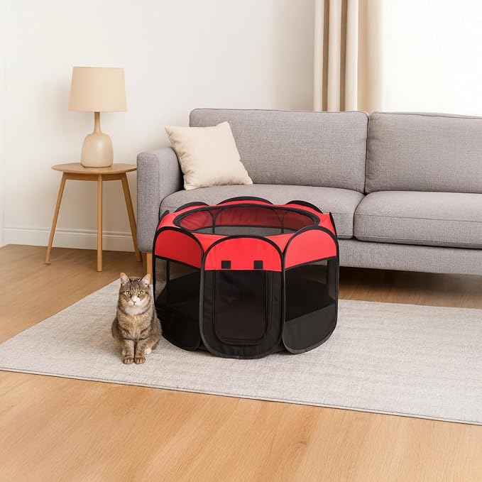 Octagonal Pet Playpen, 28.7 x 28.7 x 16.9 in Red Portable Pet Tent, Foldable Design for Indoor and Outdoor Use, Breathable Mesh with Zippered Door, Sturdy Oxford Fabric for Small Animals