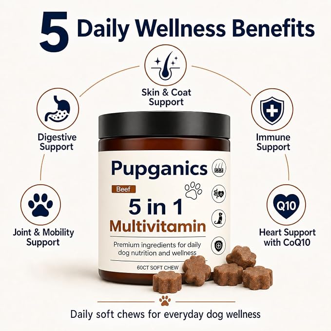 Pupganics Multivitamin Daily Soft Chews for Dogs, Itch Relief Chews, Beef | Twelve active ingredients with Salmon oil, Probiotics, Glucosamine & Essential Vitamins for everyday dog wellness.60 Count