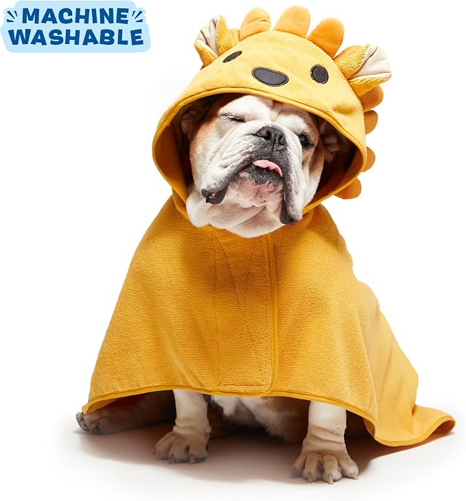 BARKBOX Dog Bathrobe - for Dogs - Medium | Fast Drying, Microfiber Bath Towel - Hook & Loop Closure and Wrap Tie - Machine Washable - Lion