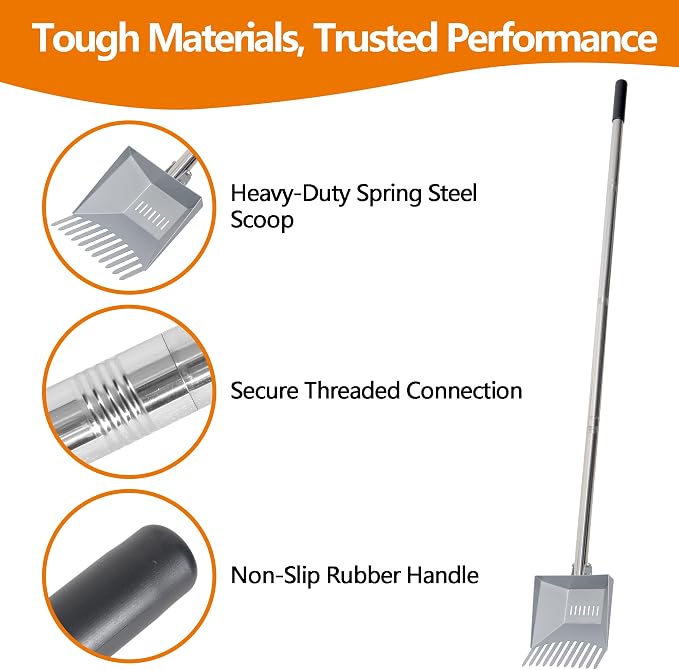 Heavy Duty Pooper Scooper 66in Tempered Spring Steel Scoop Long Stainless Steel Handle Dog Pooper Scooper for Large Dogs Outdoor Pet Waste Removal Shovel
