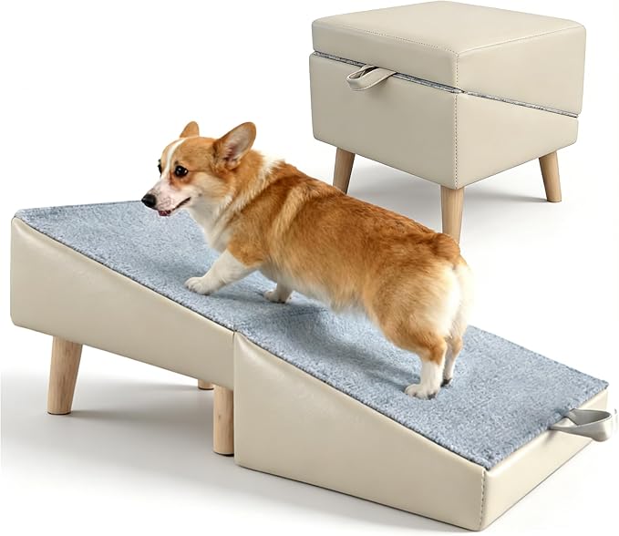 Dog Ramp for Couch Sofa and Low Bed, 15.7" W 2-in-1 Foldable Split Ottoman&Steps, Non-Slip Wooden Pet Stairs for Small Senior Injured Dogs & Cats, Grey