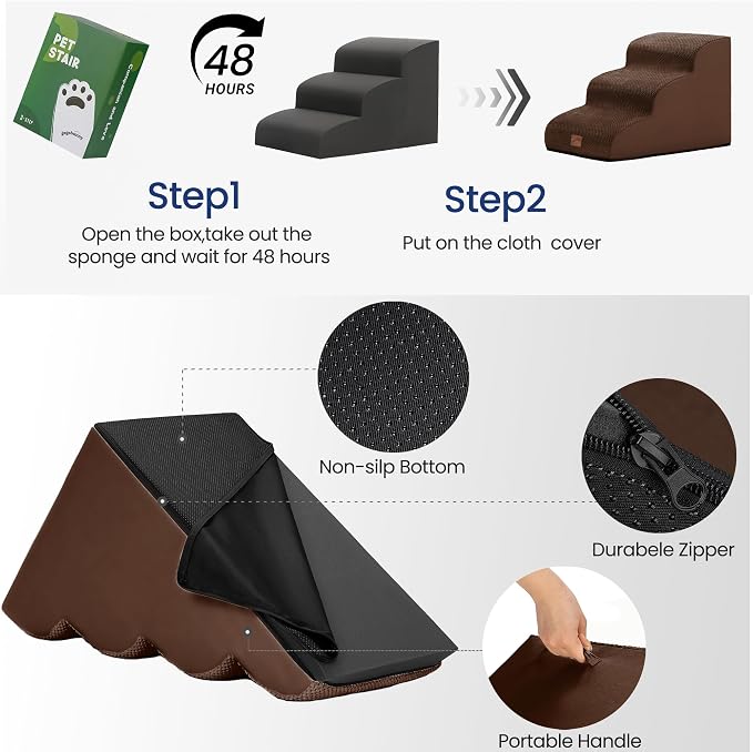 GoGoBunny Ramp Dog Stairs for Couch Sofa and Chair 11.8" H, 2-Step Pet Steps for Small Dogs and Cats, Non-Slip Waterproof Fabric Cover, Stable and Balanced Indoor Step, Pets Friendly, Brown
