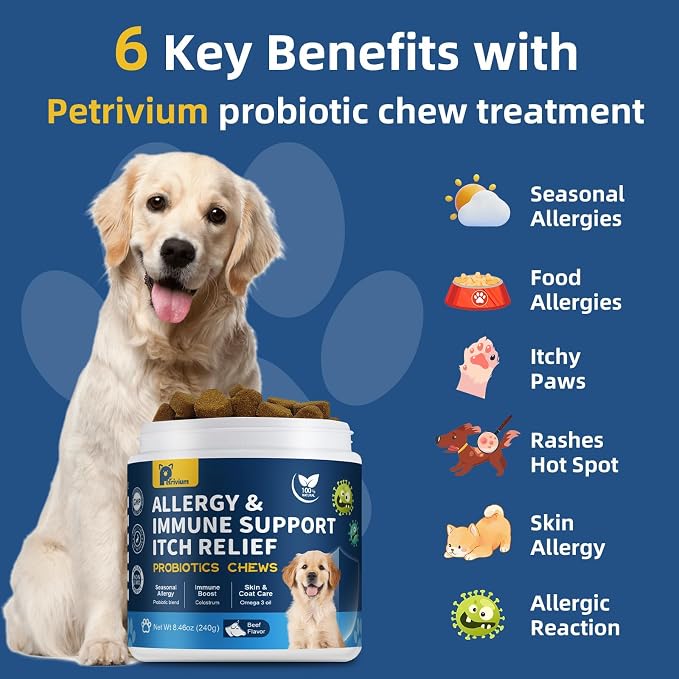 Dog Allergy Relief Chews, Helps Relieve Itchy Skin, Paw Licking & Ear Irritation, Dog Allergy Supplement with Probiotics for Skin & Immune Support, Colostrum & Fish Oil/Beef Flavor(Tan)