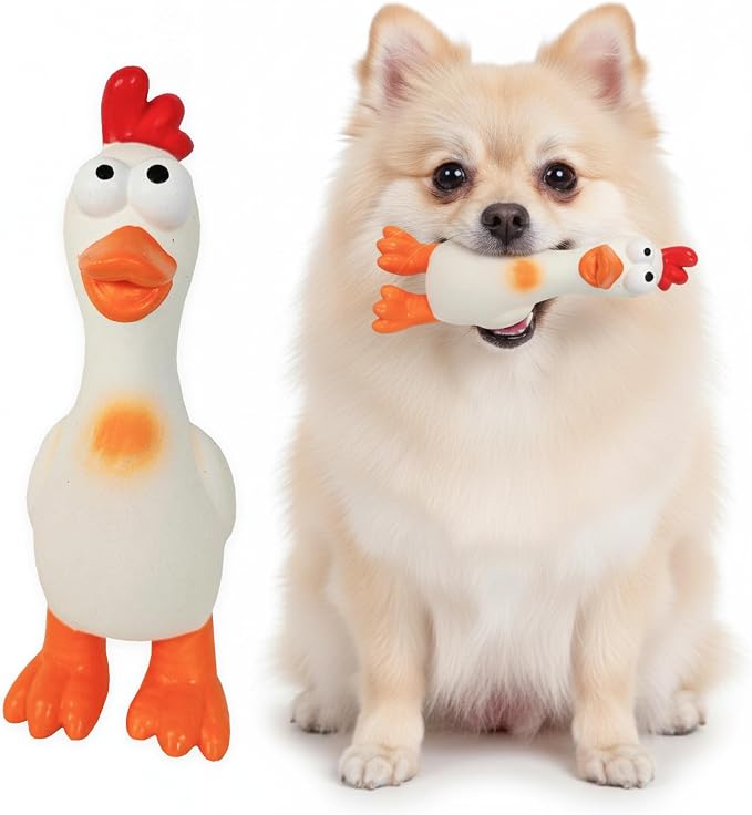 My Pet & Me Rubber Squeaky Dog Toys for Small Dogs and Puppies, Soft Latex Squeak Toy for Light to Moderate Chewers, Teething and Fetch Play with Squeaker (White Chicken, 7.8 Inch)