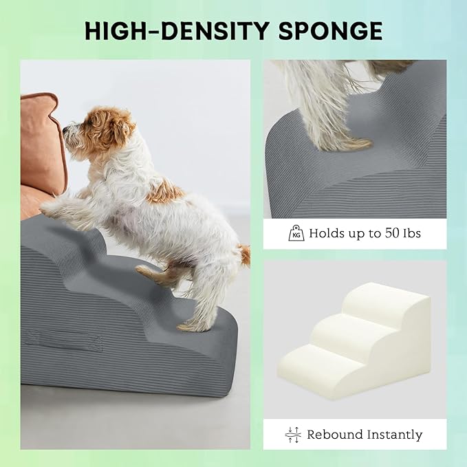Mesa Lemon Dog Stairs & Steps for High Beds, 3 Steps High Density Foam Waterproof Dog Ramp for Small Dogs and Cats, Pet Stairs with Removable Washable Cover for Bed, Couch, Sofa and Car (H:16")