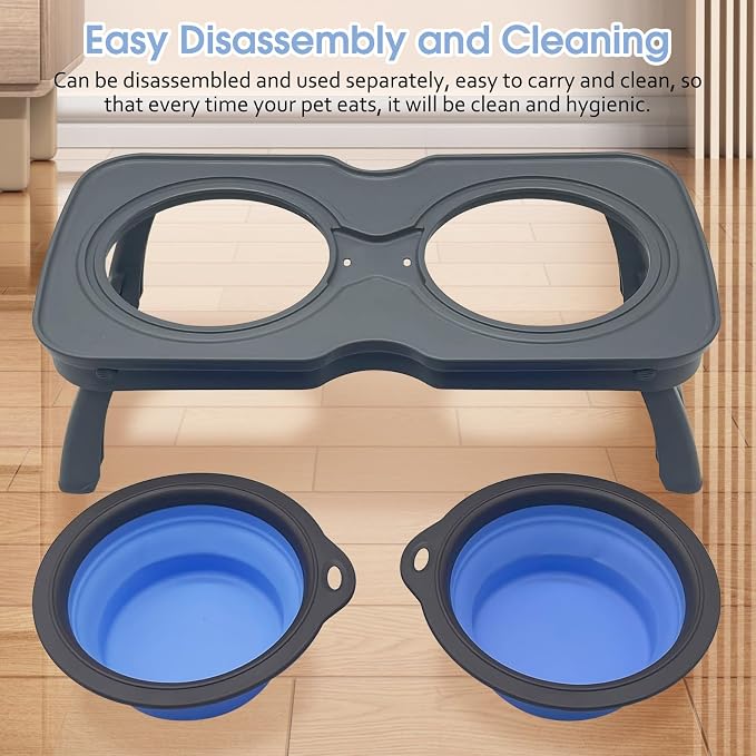 PINVNBY Elevated Portable Dog Bowl Stand with Collapsible Bowls