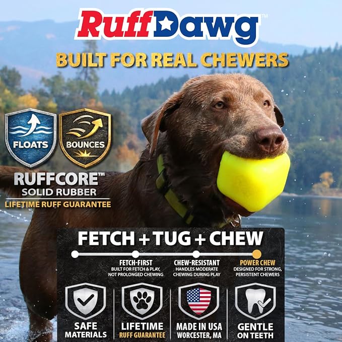 Ruff Dawg Cube Medium 2.5 Indestructible Dog Toy, Yellow – Heavy-Duty Rubber Fetch & Chew Toy for Aggressive Chewers – Erratic Bounce, Floats, BPA & Latex Free – Made in USA