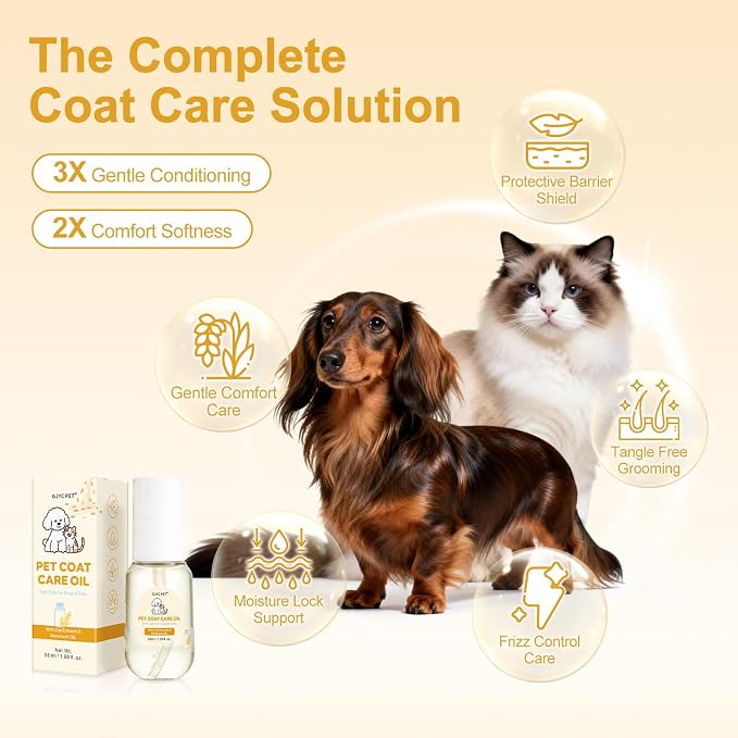 Pet Coat Care Oil, Oat Kernel & Squalane Extract | Recovery Serum, Lipid Balance & Dry Skin Soothing; Post-Bath Barrier Repair, Deeply Moisturizing Leave-in Conditioner, Dogs Cats, 1.69 fl. oz
