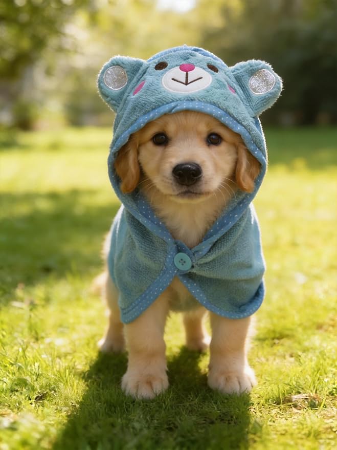 Dog Hooded Bathrobe Towel, Fast Drying Bath Towel Absorbent Warm Blanket Blue M