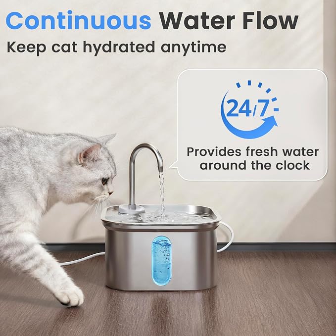 Cat Water Fountain Stainless Steel, 108oz/3.2L Quiet Automatic Cat Fountain for Drinking, Safe Auto Shut-Off, Large Square Pet Water Dispenser for Dogs Indoor with 1 Replacement Filter