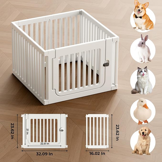 23.6" H Plastic Pet Playpen with Lockable Wide Door, 7 Panels Expandable Pet Fence with Portable Indoor/Outdoor, Easy Setup & Clean for Pets up to 22lbs or Baby (White)