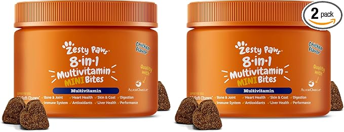 Zesty Paws Dog Multivitamin, Chewable Dog Vitamins and Supplements for Hip & Joints, Skin & Coat, Omega 3 Fish Oil for Dogs- Senior & Puppy Multivitamin - Chicken Mini Bites- 90ct (Pack of 2)