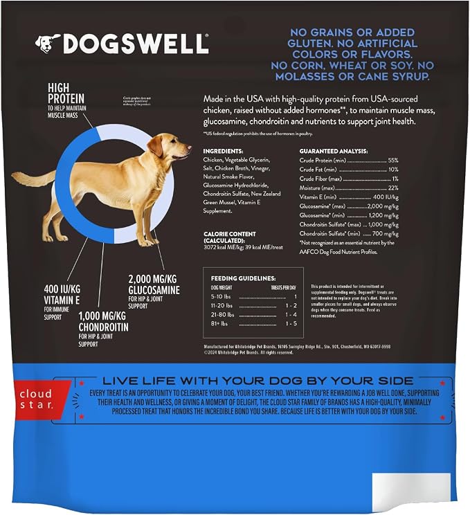 DOGSWELL Jerky Hip and Joint Dog Treats Grain Free Made in USA Only, Glucosamine and Chondroitin, 24 oz Chicken (Pack of 12)