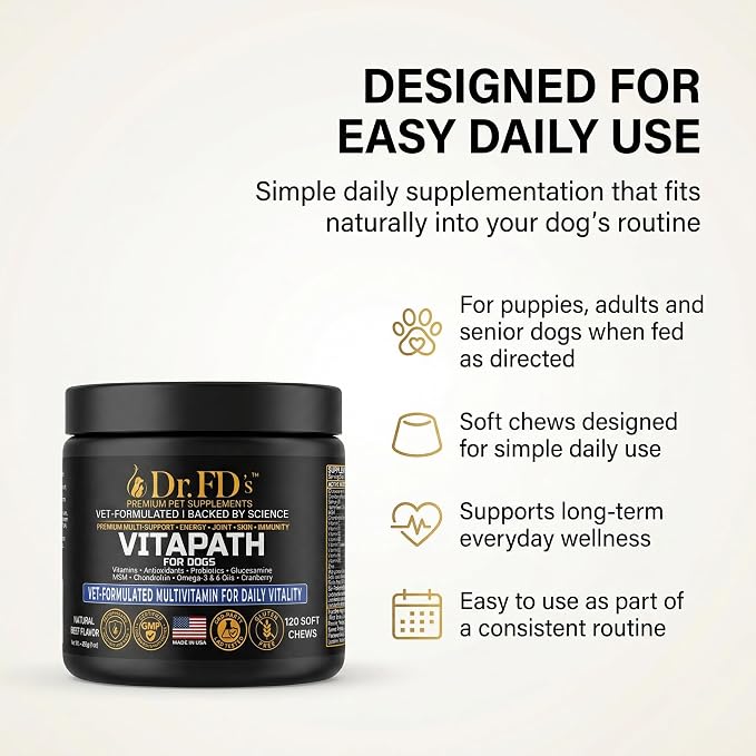 Dr. FD's VitaPath Dog Multivitamin, Vet-Formulated Soft Chews, 120 Count, Daily Vitamins with Antioxidants and Omegas for Skin and Coat, Energy and Healthy Aging, Natural Beef Flavor