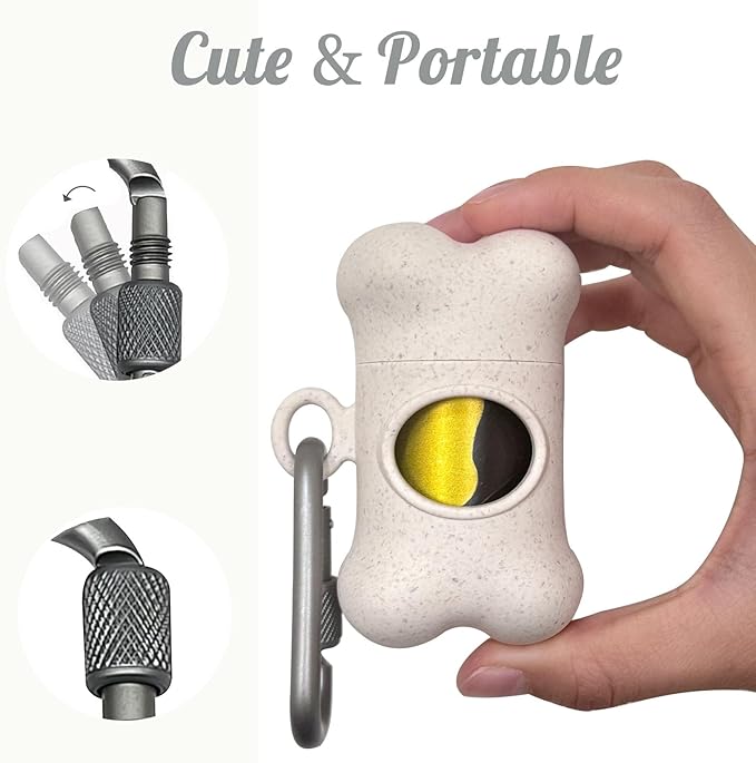 Bone-Shaped Dog Poop Bag Holder for Leash |Dispenser with 15 Leak-Resistant Waste Bags & Carabiner Clip(Wheat)