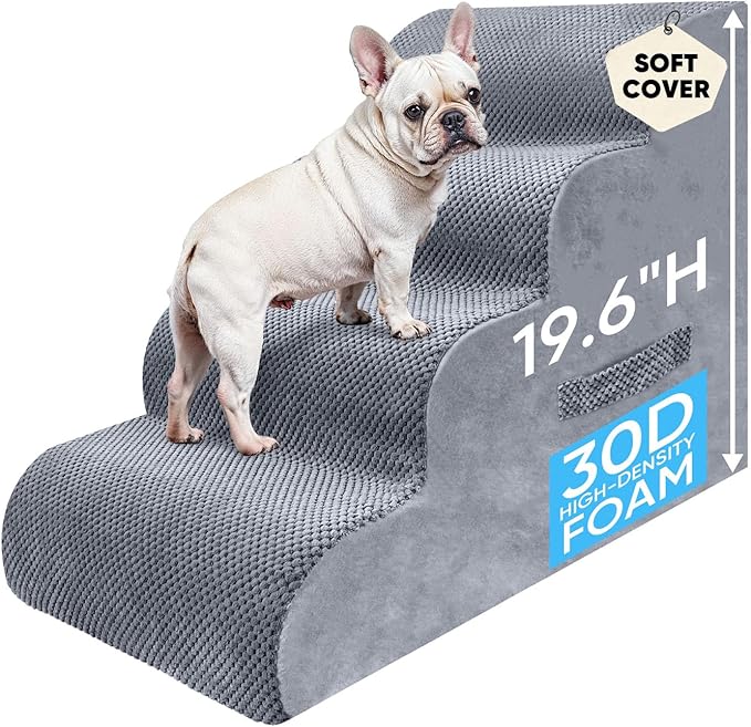 PAWSCRAT Pet Stairs for Dogs 4-Step, 19.6" H Pet Stairs for High Bed, Couch Sofa & Chair, 30D Material Soft Foam Dog Steps with Non-Slip Bottom Surface Removable Washable Cover, LightGrey