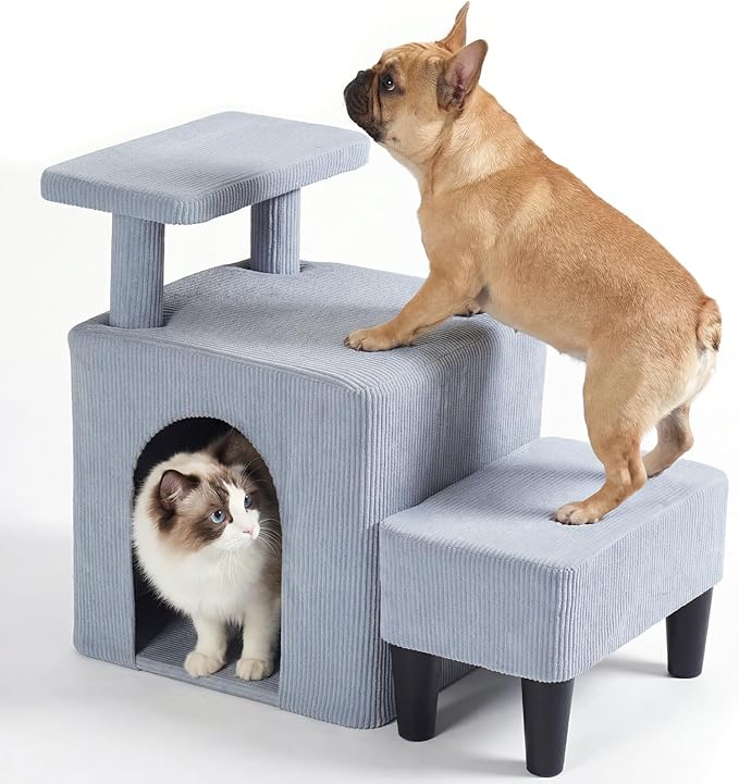 Veehoo 3 in 1 Dog Cat Stairs for Bed Couch, Small Steps Non Slip for Older Dogs Cats to Get on Bed Portable with Cave Condo and Cushioned Foot Stool, Pet Steps Cat Ramps Indoor for Senior Cats Dogs