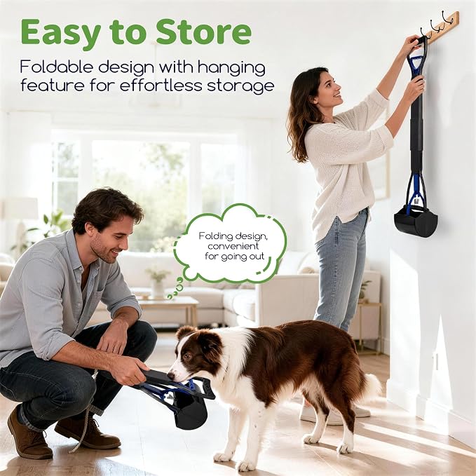 28" Pooper Scooper with Bags & Dispenser Attachment, Long Handle Dog Poop Scooper for Large/Small Dogs, High Strength Spring No-Bend Poop Scoop, Foldable Poop Picker Upper for Grass/Gravel Pick Up