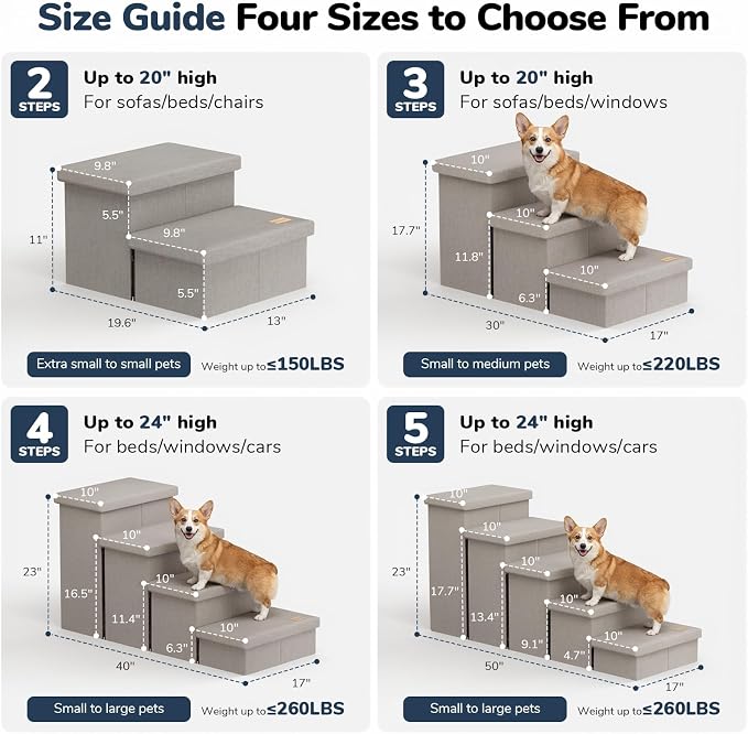 4-Step Wide Dog Stairs with Storage 23" H, Non-Slip Sturdy Pet Steps for High Bed Couch Window, Pet Stairs for Small/Medium/Large Old Dogs Cats Up to 220lbs, Cat Dog Steps for Car/SUV, Grey