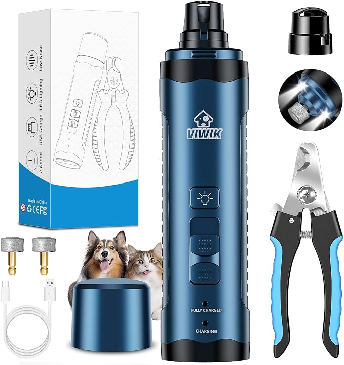 VIWIK Dog Nail Grinder & Trimmer Kit with LED, Blue