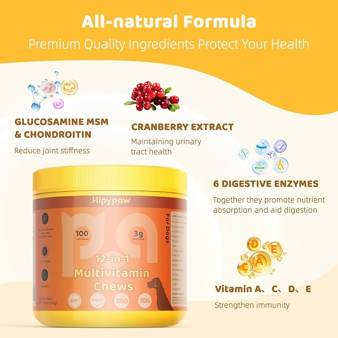 12-in-1 Dog Multivitamin Chewable: Dog Vitamins & Supplements with Chondroitin Glucosmine Probiotics Omega 3 Cod Liver Oil CoQ10 Astaxanthin for Joint Gut Heart Eye Brain Immune Support