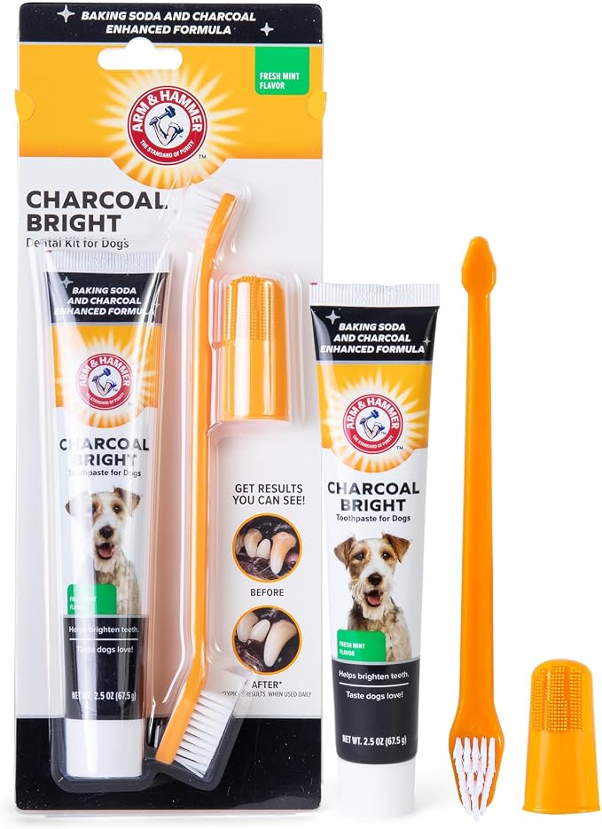Arm & Hammer Dog Dental Care Fresh Breath Kit, Mint Flavor, 3-Pieces | Includes baking soda toothpaste and toothbrush, for plaque removal, daily dental care routine, dogs, mint