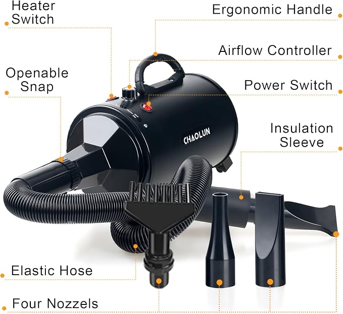 High Velocity Dog Grooming Dryer, Pet Blow Dryer with Heater, Black